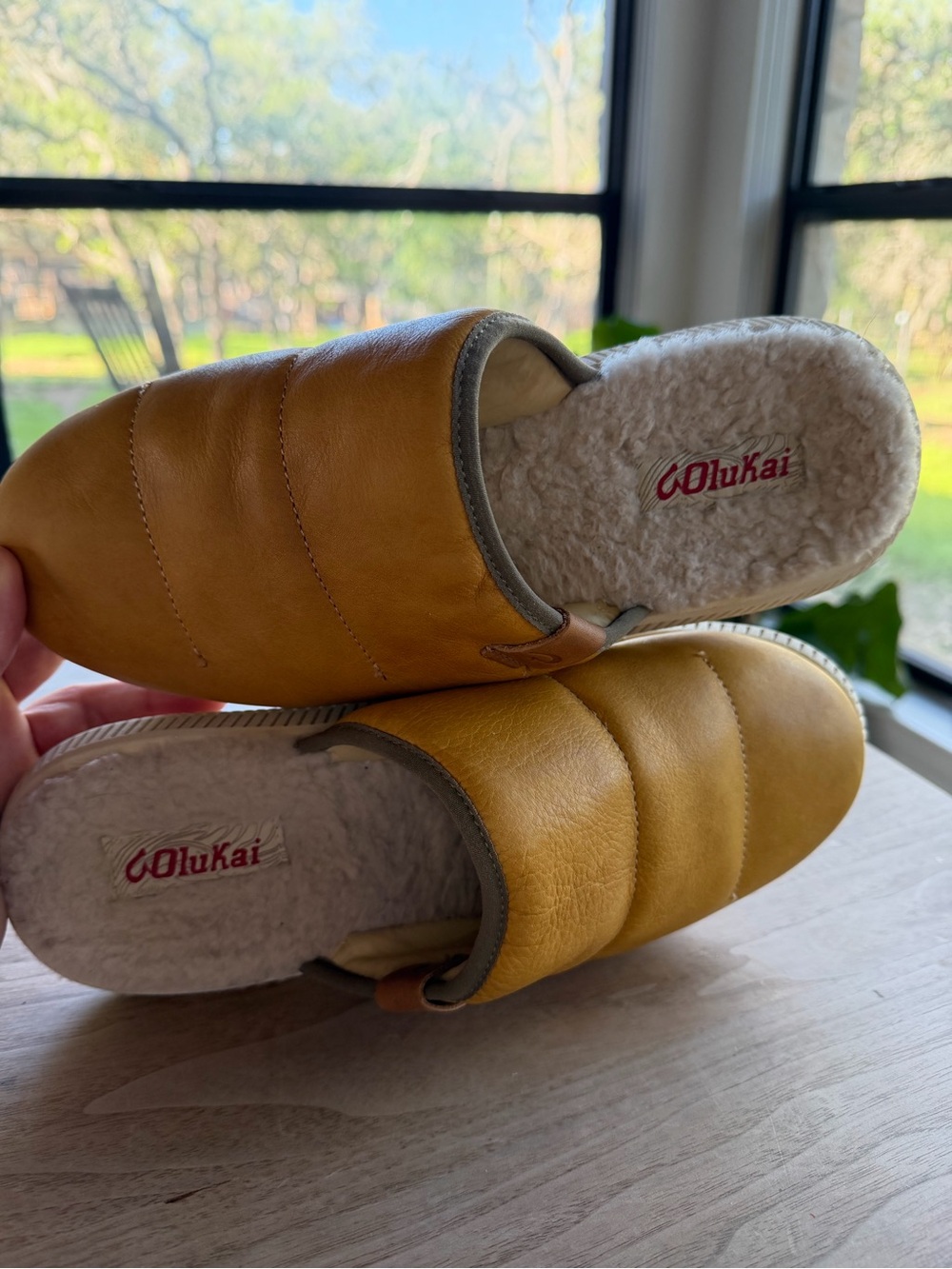 OluKai Quilted Leather Shearling Slide - Yellow with Gray Trim